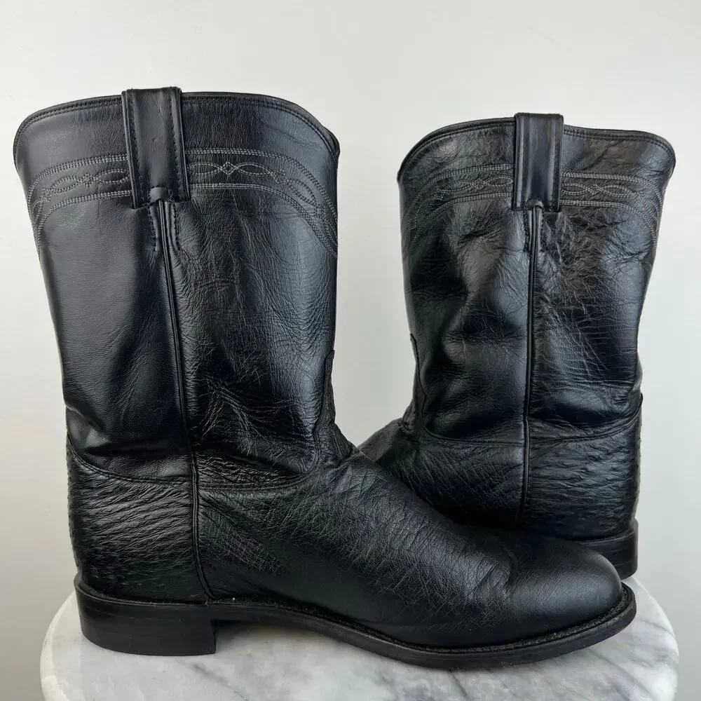 Justin 3172 Men's Exotic Roper Boot Black Smooth Ostrich Foot Roper Toe (Sz 11)
